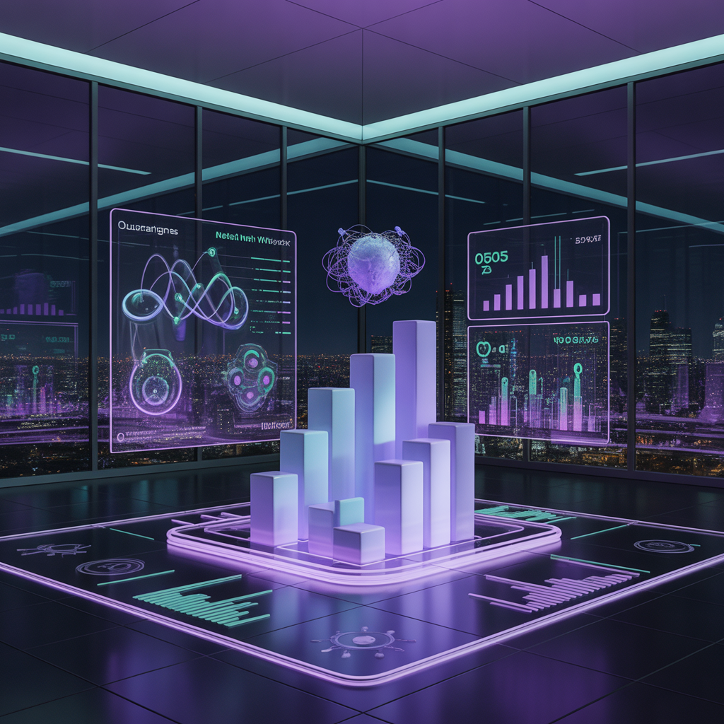 A futuristic quantum business intelligence dashboard with glowing holographic data visualizations, floating 3D bar charts and neural network nodes, a sleek modern office with floor-to-ceiling glass walls overlooking a city skyline at night, deep indigo and violet lighting with mint green accent highlights, ultra-high-tech atmosphere, cinematic lighting, no people